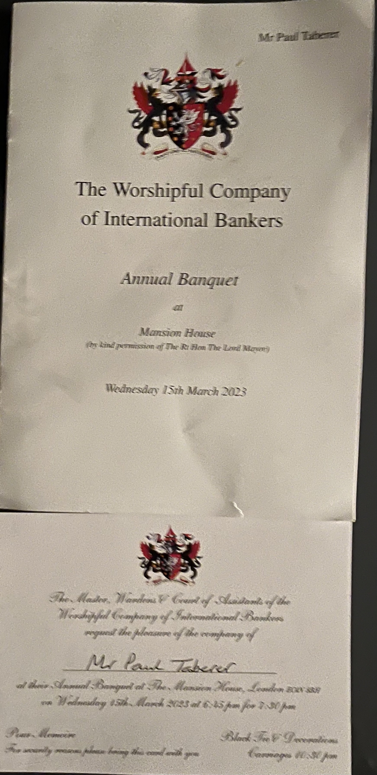 W Co of International Bankers Annual Banquet Mansion House