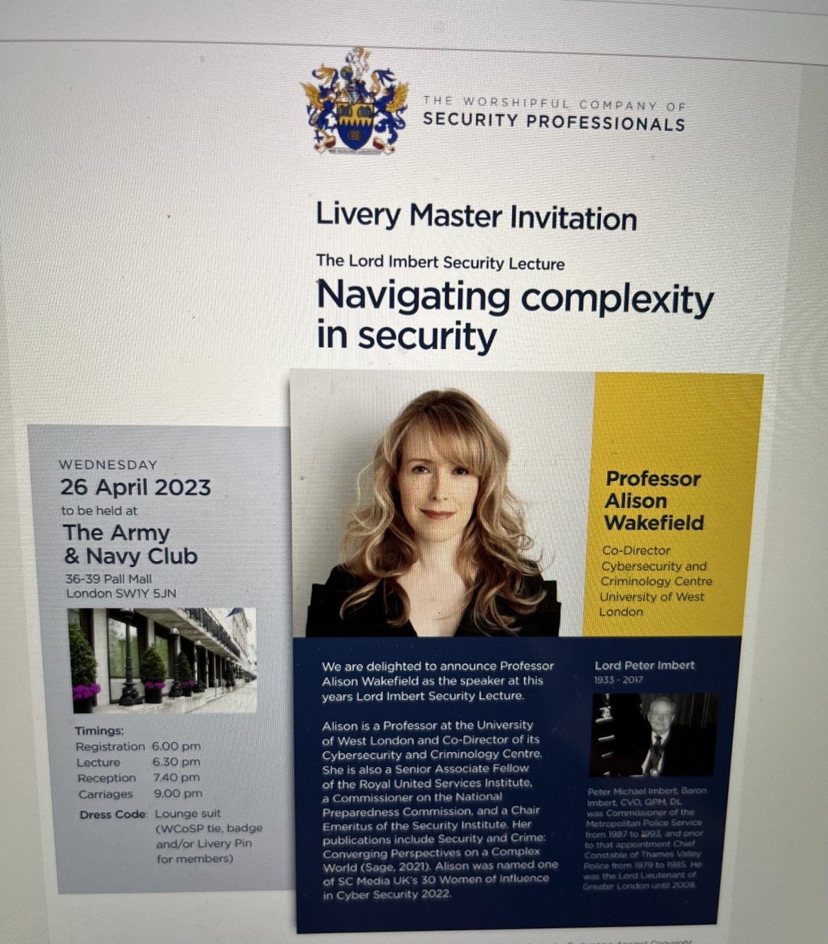 Worshipful Company of Security Professionals - Lecture Army & Navy Club