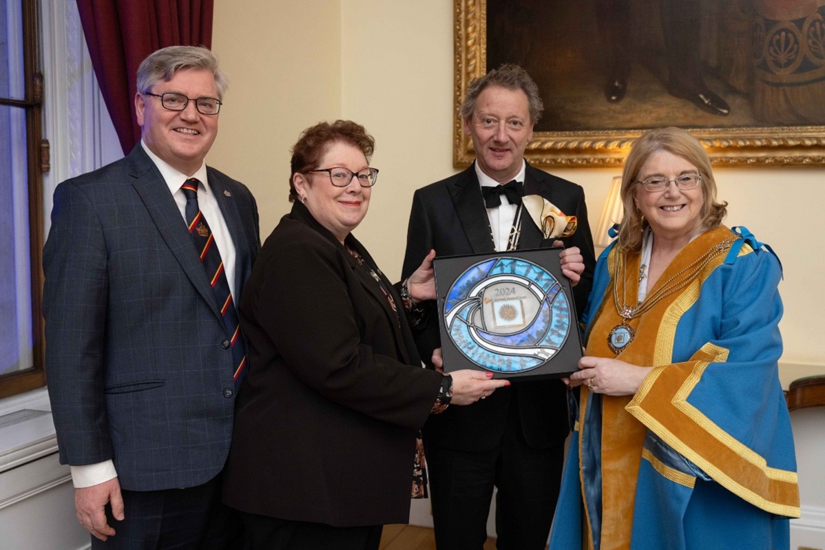 Left to right: William and Susan Curran, Master Glazier John Reyntiens and Master Communicator Sally Sykes